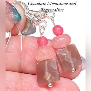 💖Pink Tourmaline and genuine Chocolate Moonstone Dangle Earrings